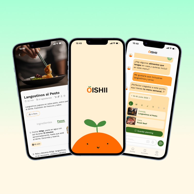 three iphones mockups with splash art, recipe and ai chatbot screens