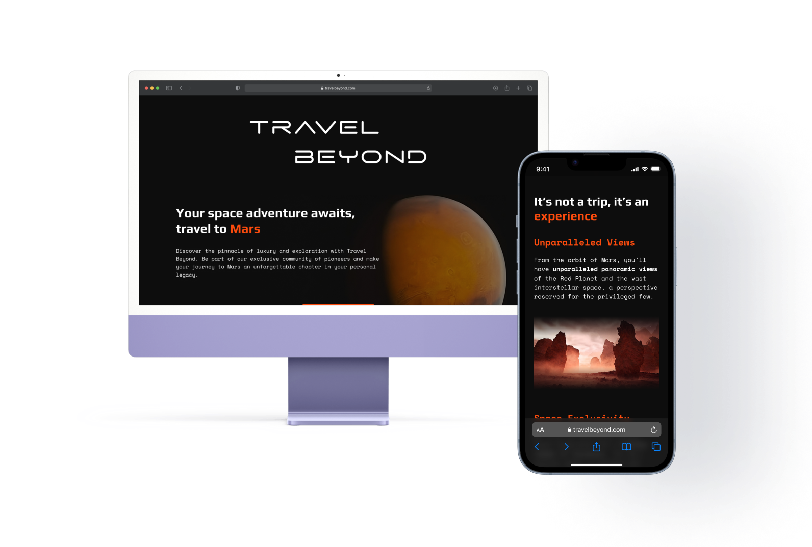 mockup of travel beyond in imac and iphone